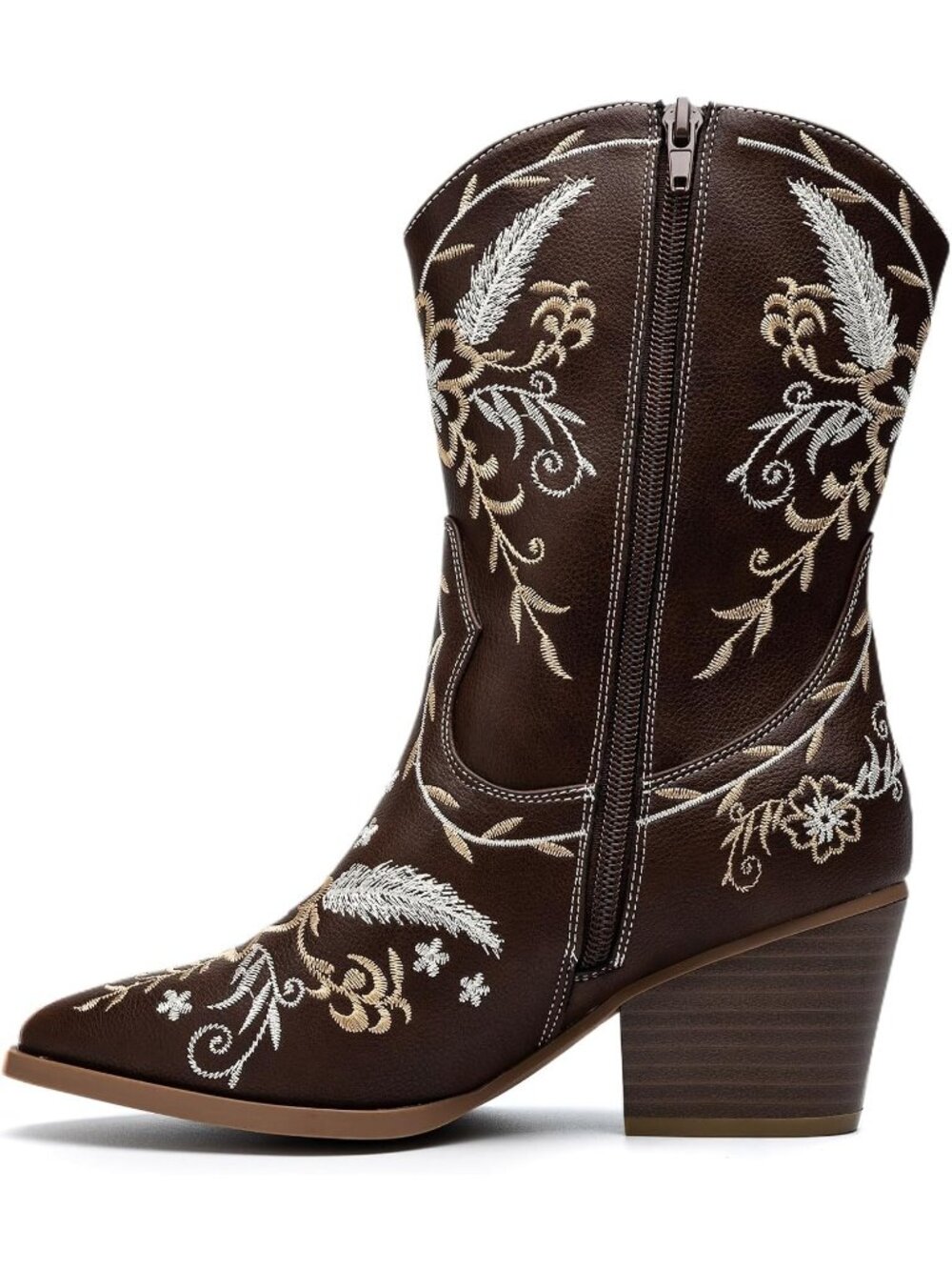 Women's Brown Gold Embroidery Chunky Heel Zip Up Pointed Toe Cowgirls Boot - Picture 3 of 5